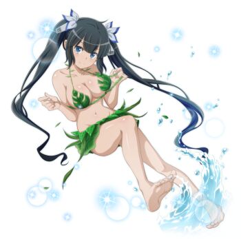 1girl anime_coloring bare_legs bare_shoulders barefoot bell bikini black_hair blunt_bangs breasts cleavage closed_mouth danmachi_memoria_freese dungeon_ni_deai_wo_motomeru_no_wa_machigatteiru_darou_ka full_body game_cg hair_bell hair_ornament hair_ribbon hand_up hestia_(danmachi) large_breasts leaf_bikini leaf_skirt long_hair looking_at_viewer navel official_alternate_costume official_art ribbon sidelocks smile solo splashing stomach swimsuit third-party_source twintails water white_ribbon