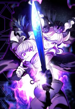 1boy 1girl ahoge black_dress black_flower black_horns braid cape closed_mouth commentary_request crown detached_sleeves dress floating flower glowing glowing_weapon hair_flower hair_ornament highres holding holding_sword holding_weapon horns jacket key long_sleeves looking_at_viewer master_detective_archives:_rain_code nantoka_aida pink_eyes purple_eyes purple_jacket purple_shorts shinigami_(rain_code) short_hair shorts smile standing sword symbol_in_eye twin_braids weapon white_hair yuma_kokohead