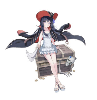 1girl black_coat black_hair black_hat blunt_bangs blush closed_mouth coat coat_on_shoulders coin collarbone commentary_request dress full_body hat highres holding holding_sword holding_weapon long_hair long_sleeves looking_at_viewer mikisai open_clothes open_coat original pirate pirate_hat purple_eyes sandals short_dress simple_background sitting skeleton smile solo strapless strapless_dress sundress sword treasure_chest weapon white_background white_dress white_sandals