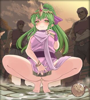 1girl 2boys bandit barefoot captured defeat embarrassed female_masturbation fire_emblem fire_emblem:_mystery_of_the_emblem forced_masturbation green_hair hatoboshi highres loli looking_at_viewer masturbation multiple_boys nintendo paid_reward_available public_indecency rape squatting tiara tiki_(fire_emblem) tiki_(young)_(fire_emblem)