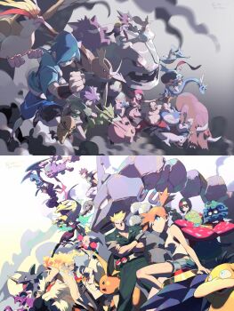 6+boys 6+girls alakazam arcanine bald barefoot belt blaine_(pokemon) blonde_hair blue_coat blue_hair blue_shorts brock_(pokemon) brown_hair bugsy_(pokemon) cane cape chuck_(pokemon) clair_(pokemon) clefairy clenched_hand closed_mouth coat crossed_arms dewgong dragonair e_volution energy erika_(pokemon) eyelashes falkner_(pokemon) fire floating_hair gen_1_pokemon gen_2_pokemon gengar geodude giovanni_(pokemon) golbat green_pants green_shirt green_shorts gym_leader hair_tie hand_in_pocket haunter headband high_ponytail highres hitmontop jasmine_(pokemon) kakuna kingdra koga_(pokemon) lab_coat looking_back magneton miltank misty_(pokemon) morty_(pokemon) mr._mime multicolored_neckwear multiple_boys multiple_girls necktie nidoking ninja nintendo noctowl onix open_mouth orange_hair pants pidgeot piloswine pink_hair pointing poke_ball poke_ball_(basic) pokemon pokemon_(creature) pokemon_hgss pokemon_lgpe poliwrath ponytail pryce_(pokemon) psyduck purple_hair purple_scarf raichu rapidash rhydon riding riding_pokemon sabrina_(pokemon) scarf scyther shirt shoes short_sleeves shorts smile spiked_hair steelix surge_(pokemon) tangela tank_top toes tongue topless_male vileplume watermark weezing white_legwear white_pants whitney_(pokemon) wristband