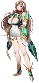 1girl arms_behind_back artist_request blonde_hair blue_eyes blush breasts claudia_levantine cleavage cosplay highres kuroinu_~kedakaki_seijo_wa_hakudaku_ni_somaru~ long_hair looking_at_viewer mythra_(xenoblade)_(cosplay) smile solo tagme xenoblade_chronicles_(series)
