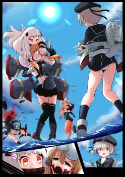 absurdres ass black_thighhighs blonde_hair blood blue_eyes bottomless breasts chimidoloid corpse death decapitation empty_eyes exploded_head guro highres kantai_collection long_hair military_uniform miniskirt no_panties open_mouth outdoors pee peeing peeing_self prinz_eugen_(kancolle) ro-500_(kancolle) short_hair skirt sky small_breasts thighhighs twintails z1_leberecht_maass_(kancolle) z3_max_schultz_(kancolle)