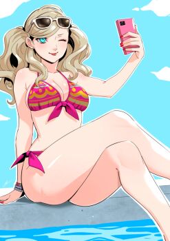 1girl absurdres aqua_eyes armpit_crease bikini blonde_hair blue_sky breasts collarbone commentary crossed_legs day earrings eightyfourart eyelashes eyewear_on_head feet_out_of_frame front-tie_bikini_top front-tie_top highres holding holding_phone jewelry large_breasts legs long_hair looking_at_viewer nail_polish one_eye_closed outdoors persona persona_5 phone pink_bikini red_nails shadow side-tie_bikini_bottom signature sitting sky solo stud_earrings sunglasses swept_bangs swimsuit takamaki_anne tongue tongue_out