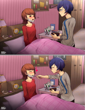 1boy 1girl absurdres analog_clock artist_name aruman.aru bag bed bedroom blue_hair blush bowl brown_eyes brown_hair cellphone clock closed_eyes closed_mouth collarbone commentary commission desk_lamp english_commentary facing_another feeding flip_phone grey_shirt heart highres holding holding_bowl holding_spoon indoors lamp long_sleeves looking_at_another mask mask_pull medium_hair mouth_mask on_bed open_mouth persona persona_3 phone pillow red_shirt school_bag sequential shirt short_hair sick sitting smile spoon takeba_yukari under_covers upper_body yuuki_makoto_(persona_3)