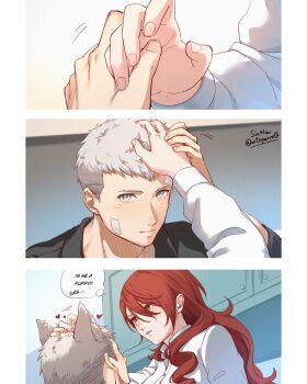 1boy 1girl animal_ears bandaid bandaid_on_cheek bandaid_on_face bandaid_on_forehead black_shirt blush closed_mouth commentary couple dog_ears drill_hair drill_sidelocks english_commentary english_text grey_eyes grey_hair hair_between_eyes hand_on_another's_head headpat heart highres holding_hands indoors kirijou_mitsuru long_hair long_sleeves looking_at_another motion_lines persona persona_3 red_eyes red_hair red_lips sanada_akihiko sequential shirt short_hair sidelocks single_drill single_sidelock soc_nau speech_bubble thought_bubble twitter_username upper_body white_shirt