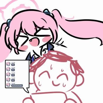 >_< 1boy 1girl :d animated animated_gif blue_archive blush_stickers character_name chibi chibi_only collared_shirt commentary doodle_sensei_(blue_archive) fang hair_between_eyes halo happy koyuki_(blue_archive) long_hair looping_animation motion_lines open_mouth pink_hair pink_halo sensei_(blue_archive) shirt sidelocks simple_background smile sweatdrop text_messaging thick_eyebrows twintails upper_body white_background white_shirt xd zzul0714