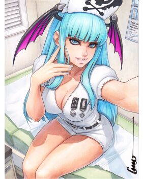 1girl artist_name bat_wings belt black_belt blue_eyes blue_hair blue_nails breasts cleavage commentary cosplay darkstalkers dress english_commentary feet_out_of_frame hand_up hat head_wings highres indoors large_breasts long_hair looking_at_viewer morrigan_aensland morrigan_aensland_(cosplay) nurse nurse_cap official_alternate_costume omar_dogan on_bed outstretched_arm parted_lips plunging_neckline protected_link reaching reaching_towards_viewer scan selfie short_dress short_sleeves signature sitting skull_and_crossbones solo thighs traditional_media white_dress wings
