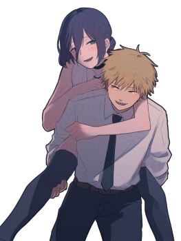 1boy 1girl arm_around_neck bare_shoulders black_choker black_necktie black_pants black_ribbon black_thighhighs blonde_hair blue_hair carrying chainsaw_man choker collared_shirt couple denji_(chainsaw_man) green_eyes hair_between_eyes hair_bun hetero highres light_blush looking_at_another medium_hair neck_ribbon necktie on_u_u open_mouth pants piggyback reze_(chainsaw_man) ribbon sharp_teeth shirt short_hair sleeveless sleeveless_shirt sleeves_rolled_up smile teeth thighhighs updo white_background white_shirt yellow_eyes