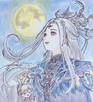1boy 1girl ^_^ animal_ears baishuo_(shining_nikki) blue_capelet blue_gem blue_hanfu blue_sky brown_hair capelet cheering chibi chinese_clothes chinese_hairpin closed_eyes commentary_request earrings extra_ears eyelashes feather-trimmed_capelet floating_hair forehead forehead_jewel full_moon gem grey_hair hair_between_eyes hair_ornament hair_stick hanfu happy jewelry kohanai_setsuna light_blush lipstick long_hair long_sleeves makeup moon night nikki_(series) nostrils outdoors parted_lips pointy_nose purple_hanfu purple_robe qingyue_(shining_nikki) rabbit_boy rabbit_ears red_lips robe shining_nikki sky smile solo_focus straight_hair topknot traditional_media twitter_username upturned_eyes very_long_hair wide_sleeves wind yellow_eyes yunjian