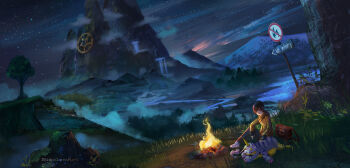 Rule 34 | bixclowart, bonfire, digimon, digimon world, gabumon, hat, highres, mameo (digimon), mountain, sign, tree