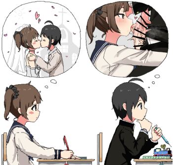 1boy 1girl ahoge aiu404l bad_id bad_twitter_id bar_censor black_eyes black_hair book bridal_veil brown_eyes brown_hair censored chair choker church closed_eyes closed_mouth commentary derivative_work desk dress erection fellatio from_side gakuran hair_ornament hair_scrunchie hand_on_another&#039;s_shoulder hand_on_own_chin heart hetero imagining kiss licking looking_at_penis mechanical_pencil meme nago_purin oekaki oral original pencil penis petals saliva school_chair school_desk school_uniform scrunchie serafuku she_versus_he_thought_bubble_(meme) speech_bubble stick_figure symbol-only_commentary thomas_the_tank_engine thomas_the_tank_engine_(series) thought_bubble tongue tuxedo twintails veil watch wedding_dress wristwatch