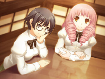 2girls artist_request black_bow black_bowtie black_eyes black_hair blouse bow bowtie brown_eyes closed_mouth drill_hair game_cg glasses hakamichi_shizune hand_on_own_face head_rest katawa_shoujo long_hair mikado_shiina multiple_girls non-web_source official_art pink_hair puffy_sleeves reflection reflective_table school_uniform shirt short_hair smile table twin_drills white_shirt window yamaku_high_school_uniform
