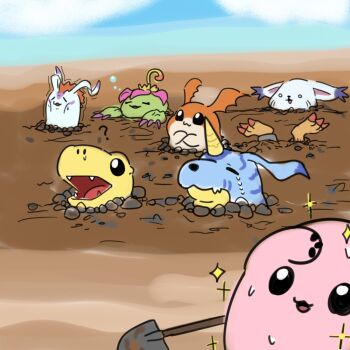 agumon cat digimon digimon_(creature) gabumon gomamon highres mochimon palmon patamon piyomon plant reptile sparkle tailmon what why wings