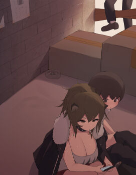 1boy 1girl age_difference alley animal_ears arknights ashtray breasts brown_eyes brown_hair cigarette cigarette_butt cleavage clothes_pull large_breasts lion_ears looking_at_phone onee-shota pants pants_pull pepper0 phone ponytail shota siege_(arknights) tagme text_messaging