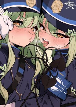 2girls blue_archive demon_tail green_hair hikari_(blue_archive) kkry99 looking_at_viewer multiple_girls nozomi_(blue_archive) siblings signature sisters sweat tail tongue tongue_out twins yellow_eyes