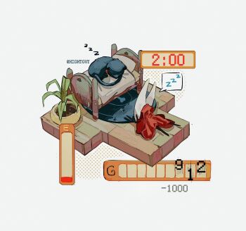 1girl artist_name bed bed_sheet bedroom black_cat black_tail cat cloak collar commentary gameplay_mechanics halftone hashtag-only_commentary heads-up_display hightguy hollow_knight hornet_(hollow_knight) horns isometric on_bed on_floor pillow plant potted_plant red_cloak red_collar rug simple_background sleeping soil solo speech_bubble spoken_zzz stardew_valley tail timestamp user_interface white_background zzz