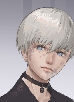 Rule 34 | 1boy, 9s (nier:automata), black choker, black jacket, blue eyes, choker, closed mouth, dirty, dirty clothes, dirty face, grey background, grey eyes, hair between eyes, jacket, light smile, looking at viewer, male focus, nekoyana, nier:automata, nier (series), pendant choker, short hair, solo