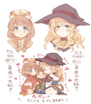 Rule 34 | 1boy, 2girls, 7010, blonde hair, blue eyes, blush, braid, breasts, brown hair, close-up, closed eyes, closed mouth, commentary request, dot nose, from side, green eyes, hat, heart, hug, large breasts, long hair, long sleeves, looking at another, looking at viewer, multiple girls, no nose, no pupils, original, parted lips, pointy ears, seiza, sidelocks, simple background, sitting, straight-on, sweatdrop, tareme, translation request, twin braids, white background, witch hat