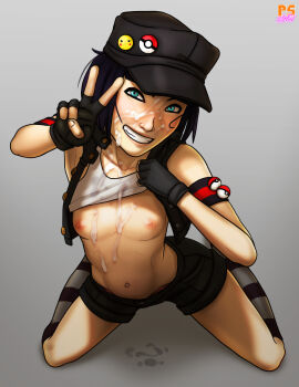1girl abs absurdres after_fellatio armband armpits artist_name bad_id bad_pixiv_id badge bare_shoulders black_armband black_eyeliner black_gloves black_hair black_hat black_shorts black_socks black_vest blunt_bangs blush bob_cut breasts button_badge clothes_lift collarbone commentary commission cum cum_on_body cum_on_breasts cum_on_chest cum_on_clothes cum_on_stomach cum_on_upper_body cum_pool english_commentary eyeliner facial field_cap fingerless_gloves from_above full_body gloves gradient_background grey_background grey_socks grin hand_up hat head_tilt highres initial kasia_mikolajczyk_(silverfox442) kneehighs kneeling lifting_own_clothes light_blush looking_at_viewer looking_up loose_hair_strand makeup midriff navel nintendo nipples nose on_ground original panties panty_peek parted_lips pink_panties poke_ball pokemon ponpu_(pumpkinsinclair) red_armband shadow shirt shirt_lift short_hair short_shorts shorts sleeveless sleeveless_shirt small_breasts smile socks solo spread_legs striped_clothes striped_socks tank_top two-tone_armband underwear v vest white_tank_top wide_spread_legs
