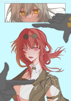 Rule 34 | 2girls, black gloves, black jacket, collared shirt, commentary request, gloves, grey hair, highres, honkai: star rail, honkai (series), jacket, kafka (honkai: star rail), l hand, multiple girls, open mouth, purple eyes, ramen neginuki, red hair, round eyewear, shirt, stelle (honkai: star rail), sunglasses, trailblazer (honkai: star rail), white shirt, yellow eyes