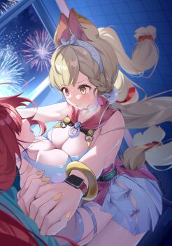 2girls aerial_fireworks alice_thymefield alice_thymefield_(sea_of_thyme) animal_ears blonde_hair blush bracelet breast_press breasts choker commentary_request dress_swimsuit fireworks floating_hair hair_ornament heterochromia highres hino_kagutsuki holding_hands interlocked_fingers jewelry large_breasts long_hair multiple_girls nail_polish night official_alternate_costume on_bed open_mouth rabbit_ears rabbit_girl red_hair smartwatch sphere_hair_ornament symmetrical_docking ukinami_yuzuha ukinami_yuzuha_(tanuki_in_broad_daylight) watch white_choker wristwatch yellow_nails yuri zenless_zone_zero
