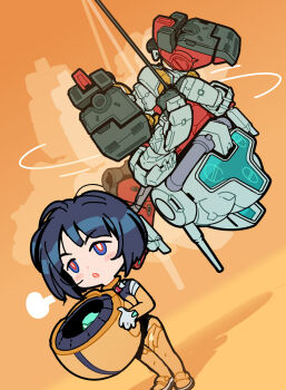 1girl assault_visor azito7 black_hair blue_eyes blue_visor blush_stickers bodysuit bright_pupils chibi chibi_only commentary gelgoog_(gquuuuuux) gundam gundam_gquuuuuux helmet highres holding holding_unworn_helmet mecha mecha_pilot_suit mobile_suit motion_lines normal_suit_(gundam) parted_lips pilot_helmet puff_of_air radio_antenna robot sd_gundam shiiko_sugai short_hair spacesuit standing unworn_headwear unworn_helmet upside-down white_pupils wire yellow_background yellow_bodysuit