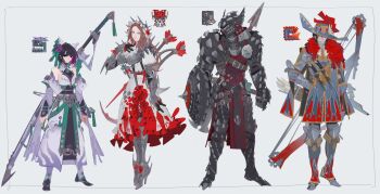 Rule 34 | 2boys, 2girls, absurdres, arm shield, armor, balahara, balahara (armor), blue eyes, boots, bow (weapon), breasts, brown hair, colored inner hair, compound bow, dagger, full armor, full body, fur trim, hat, high heels, highres, hirabami, hirabami (armor), holding, holding shield, katana, knife, lala barina (armor), lala barina (monster hunter wilds), long hair, looking at viewer, monster hunter (character), monster hunter (series), monster hunter wilds, multicolored hair, multiple boys, multiple girls, nslacka, pale skin, quematrice, quematrice (armor), red eyes, shield, simple background, sword, weapon, white background