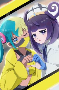 2girls :o ako_(rawhji0rdbsmzf7) aqua_hair blonde_hair blue_gloves bob_cut canari_(pokemon) coat crop_top cropped_jacket dark-skinned_female dark_skin eyelashes gloves gwynn_(pokemon) hat heart heart_hands heart_hands_duo highres jacket long_sleeves looking_at_viewer mask midriff mouth_mask multicolored_hair multiple_girls navel nintendo one_eye_closed open_clothes open_jacket partially_fingerless_gloves pokemon pokemon_legends:_z-a purple_eyes purple_hair short_hair split-color_hair two-tone_hair upper_body white_coat white_hat yellow_jacket