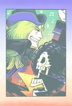 Rule 34 | 2boys, ^ ^, afro, arm up, black hair, border, brook (one piece), closed eyes, coat, epaulettes, gradient border, hashtag-only commentary, hat, male focus, multiple boys, musical note, one piece, profile, skeleton, smile, ylsjnfsd, yorki
