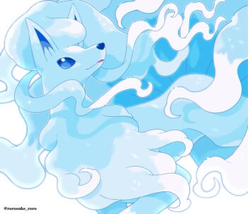 Rule 34 | alolan form, alolan ninetales, animal focus, blue eyes, commentary request, fox, gen 7 pokemon, highres, nintendo, no humans, open mouth, pokemon, pokemon (creature), pokemon focus, rorosuke, smile, solo, twitter username, white background
