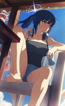 1girl absurdres bare_shoulders barefoot black_camisole blue_archive blue_eyes blue_hair blue_halo breasts camisole can chinese_commentary cloud commentary cross_halo cup cutoffs denim denim_shorts drinking_glass food from_below fruit halo headphones headphones_around_neck highres holding holding_can ice_cream large_breasts long_hair official_alternate_costume outdoors parfait parfait_glass parted_lips ponytail saori_(blue_archive) saori_(swimsuit)_(blue_archive) shorts sitting sky solo sundae table wooden_table xubai