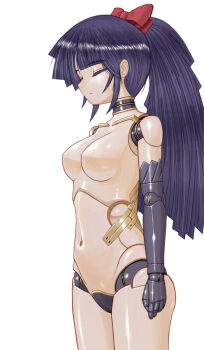 1girl android arms_at_sides breasts closed_eyes closed_mouth commentary_request completely_nude cowboy_shot fate/grand_order fate_(series) imananji_01 joints katou_danzou_(fate) long_hair medium_breasts navel no_nipples nude paid_reward_available ponytail purple_hair revision robot_girl robot_joints solo standing white_background