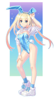 1girl animal_ears bare_legs blonde_hair blue_leotard breasts commentary_request fake_animal_ears full_body green_eyes highres katahira_masashi leotard long_hair looking_at_viewer original playboy_bunny rabbit_ears shoes shrug_(clothing) small_breasts smile sneakers solo