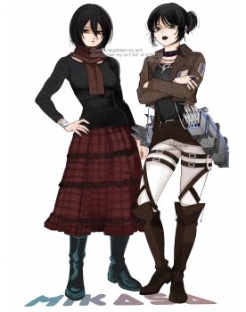 2girls 5nd_0mc bandaged_wrist bandages belt_buckle black_boots black_choker black_hair black_lips black_nails black_shirt boots brown_boots brown_jacket buckle character_name choker closed_mouth commentary_request cosplay costume_switch cross cross_earrings crossed_arms dual_persona earrings facial_scar full_body goth_fashion hair_between_eyes hand_on_own_hip highres jacket jewelry lips long_skirt long_sleeves looking_at_viewer mikasa_ackerman multiple_girls nail_polish necklace open_clothes open_jacket pants paradis_military_uniform red_skirt ring scar scar_on_cheek scar_on_face scarf shingeki_no_kyojin shirt short_hair skirt standing survey_corps_(emblem) thigh_strap three-dimensional_maneuver_gear twintails white_background white_pants
