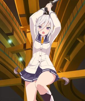 1girl :o ahoge arms_up black_sky blazer blue_sailor_collar blue_skirt blush bridge buttons dot_nose game_cg grey_hair hair_between_eyes holding holding_sword holding_weapon incoming_attack itomi_sayaka jacket jumping katana long_sleeves looking_at_viewer necktie night official_art open_mouth outdoors purple_eyes renpu_girls_school_uniform sailor_collar school_uniform shirt short_hair skirt sky solo sword third-party_source toji_no_miko toji_no_miko:_kizamishi_issen_no_tomoshibi two-handed weapon white_jacket white_shirt yellow_necktie