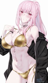 1girl absurdres alternate_costume bikini black_jacket black_nails blunt_bangs blush breasts cleavage cowboy_shot gold_bikini golden_week hand_in_pocket hand_up highres hololive hololive_english jacket kamiya_maneki large_breasts long_hair looking_at_viewer mori_calliope nail_polish navel open_clothes open_jacket pink_eyes pink_hair side-tie_bikini_bottom sidelocks simple_background solo stomach string_bikini sweat swimsuit virtual_youtuber white_background