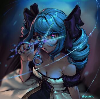 1girl :o artist_name bare_shoulders black_bow black_dress black_sleeves bow breasts cleavage collarbone dawvil detached_sleeves dress drill_hair green_hair gwen_(league_of_legends) hair_bow hand_up highres holding holding_scissors league_of_legends long_hair nail_polish scissors solo twin_drills twintails white_dress