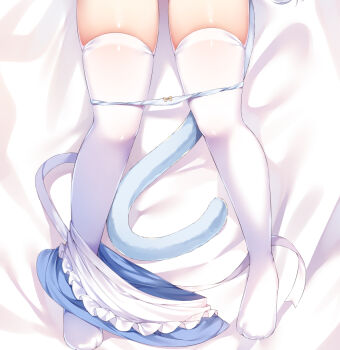 1girl apron blue_skirt bow bow_panties cat_tail dakimakura_(medium) frilled_apron frills kobone_(momozu_komamochi) leg_focus loli lower_body momozu_komamochi on_bed original panties panty_pull ribbon skirt skirt_around_one_leg solo tail thighhighs thighs underwear waist_apron white_apron white_panties white_ribbon white_thighhighs yellow_bow