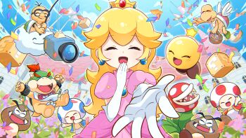 ?_block absurdres basket blonde_hair blue_sky blue_toad_(mario) bowser_jr. camera castle closed_eyes colored_skin confetti dress earrings elbow_gloves fishing_rod flag gloves goomba highres holding holding_basket holding_fishing_rod jewelry koopa_troopa lakitu lakitu&#039;s_cloud looking_at_viewer mario_&amp;_luigi:_brothership mario_&amp;_luigi_rpg mario_(series) megitti nintendo open_mouth outdoors pink_dress piranha_plant princess_peach princess_peach&#039;s_castle puffy_short_sleeves puffy_sleeves red_toad_(mario) short_sleeves sky smile sphere_earrings star_(symbol) starlow toad_(mario) yellow_skin