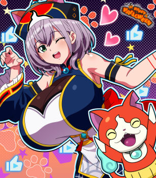 1boy 1girl absurdres bare_shoulders blue_outline breasts character_request closed_eyes cosplay dutch_angle eyelashes green_eyes halloween highres hitokiwa_kenchin huge_breasts jibanyan one_eye_closed open_mouth outline purple_hair short_hair smile standing white_outline wink youkai_watch
