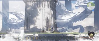 1girl 1other absurdres asteroid_ill bag black_coat black_pants blonde_hair building character_name cloud coat day dialogue_box dragon dragon_tail dragon_wings eastern_dragon extra_eyes fantasy floating floating_hair fog from_side giant giant_monster grass hat heads-up_display health_bar helmet highres holding holding_suitcase holding_sword holding_weapon horns iris_(asteroid_ill) long_hair long_sleeves looking_at_another minimap monster original outdoors pants pillar red_eyes scenery shadow size_difference sky smile suitcase sword tail user_interface very_long_hair weapon wide_shot wings witch witch_hat