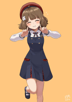 Rule 34 | 1girl, beret, blue dress, blush, bow, bowtie, brown hair, closed eyes, dress, elementary schoolmate (idolmaster), facing viewer, flower, flying sweatdrops, grin, hair flower, hair ornament, hands up, hat, highres, idolmaster, idolmaster million live!, idolmaster million live! theater days, leg up, long sleeves, myeolchi, official alternate costume, pinafore dress, red hat, school uniform, shoes, short hair, simple background, sleeveless, sleeveless dress, smile, socks, solo, standing, standing on one leg, striped bow, striped bowtie, striped clothes, suou momoko, sweatdrop, white flower, white socks, yellow background