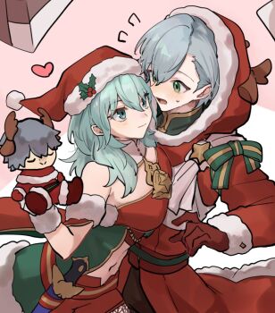 1boy 1girl alternate_costume ashe_ubert ashe_ubert_(timeskip) blush breast_press breasts character_doll christmas closed_mouth commentary_request doll eye_contact female_byleth_(awakened)_(fire_emblem) female_byleth_(fire_emblem) female_byleth_(frosty_professor)_(fire_emblem) fire_emblem fire_emblem:_three_houses fire_emblem_heroes flying_sweatdrops freckles fur_trim green_eyes green_hair grey_hair hat heart hood hood_up looking_at_another medium_breasts navel nintendo official_alternate_costume open_mouth red_hat red_shorts sakura_no_yoru santa_hat short_hair shorts smile stomach
