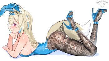 1girl absurdres animal_ears ass black_pantyhose blonde_hair blue_hair blue_hairband blue_leotard blue_shoes breasts closed_mouth commentary detached_collar dog_ears dog_girl dog_tail dopeybunni english_commentary fake_animal_ears fake_horns feet_up full_body fuwawa_abyssgard hairband high_heels highres hololive hololive_english horn_hairband horns lace_pantyhose lace_pantyhose_hooked_on_heel_(meme) large_breasts leotard long_hair looking_at_viewer lying meme multicolored_hair on_stomach pantyhose pink_eyes playboy_bunny shoes simple_background solo strapless strapless_leotard strappy_heels streaked_hair tail the_pose two_side_up virtual_youtuber wrist_cuffs