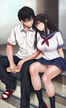 1boy 1girl black_hair black_pants black_socks blue_sailor_collar blue_skirt breasts closed_eyes closed_mouth collared_shirt commentary_request cyclone_(reizei) food highres holding holding_food large_breasts leaning_on_person long_hair neckerchief original panties pants pantyshot pleated_skirt red_neckerchief sailor_collar school_uniform serafuku shirt shoes short_hair sitting sitting_on_stairs skirt socks stairs underwear uwabaki white_panties white_shirt white_socks