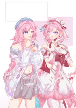 Rule 34 | 2girls, absurdres, beret, blue hat, breasts, candy, chinese commentary, commentary request, company connection, crop top, cyrene (honkai: star rail), cyrene (nylon japan) (honkai: star rail), cyrene (ripples of past reverie) (honkai: star rail), diamond-shaped pupils, diamond (shape), dress, earrings, elf, elysia (hi love elf) (honkai impact), elysia (honkai impact), food, gloves, grey skirt, hat, heart, heart earrings, highres, holding, holding candy, holding food, holding lollipop, honkai: star rail, honkai (series), honkai impact 3rd, inoue marina, instrument, jacket, jewelry, lollipop, long hair, medium breasts, midriff, multicolored dress, multicolored hair, multiple girls, navel, ningjing jingzi, official alternate costume, open mouth, pink dress, pink hair, pointy ears, purple eyes, red dress, simple background, single glove, skirt, symbol-shaped pupils, thighhighs, trumpet, two-tone hair, very long hair, voice actor connection, white dress, white gloves, white hair, white jacket, white thighhighs, yanning