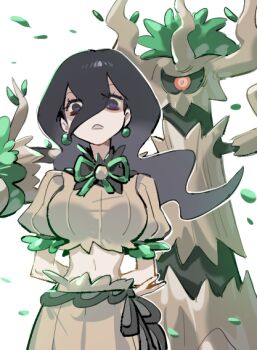 1girl black_eyes black_hair black_sclera breasts brown_shirt brown_skirt colored_sclera commentary cowboy_shot cropped_shirt earrings gen_6_pokemon grey_background hex_maniac_(pokemon) hex_maniac_(pokemon_legends:_z-a) jewelry large_breasts leaf nintendo pokemon pokemon_(creature) pokemon_legends:_z-a raine_(acke2445) red_eyes shirt simple_background skirt sphere_earrings symbol-only_commentary tree trevenant