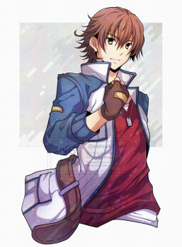 Rule 34 | 1boy, ao no kiseki, brown eyes, brown gloves, brown hair, clenched hand, closed mouth, coat, commentary request, dog tags, double-parted bangs, eiyuu densetsu, fingerless gloves, gloves, grey background, hair between eyes, high collar, highres, lloyd bannings, long sleeves, looking at viewer, male focus, mullet, open clothes, open coat, satsuki (chaosmode), short hair, smile, solo, two-tone background, upper body, watermark, white background, zero no kiseki