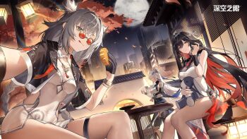 3girls aether_gazer bare_shoulders black_gloves black_hair black_jacket black_skirt black_thighhighs braid breasts chinese_commentary cleavage closed_eyes collar colored_inner_hair commentary_request covered_navel cropped_jacket cup dress gengchen_(aether_gazer) glasses gloves green_eyes grey_hair hair_ornament half_gloves hand_up highres holding holding_cup holding_stuffed_toy jacket large_breasts licking_lips lingguang_(aether_gazer) long_hair long_skirt looking_at_viewer lu_liang_(aether_gazer) medium_breasts medium_hair mole mole_on_thigh moon multicolored_hair multiple_girls night night_sky official_art official_wallpaper open_clothes open_jacket outdoors petals pince-nez red-tinted_eyewear red_hair round_eyewear see-through_cleavage see-through_clothes shirt side_slit sidelocks sitting skirt sky smile standing stuffed_toy sunglasses teacup thigh_strap thighhighs thighs tinted_eyewear tongue tongue_out white_collar white_dress white_hair white_shirt wristband yellow_eyes